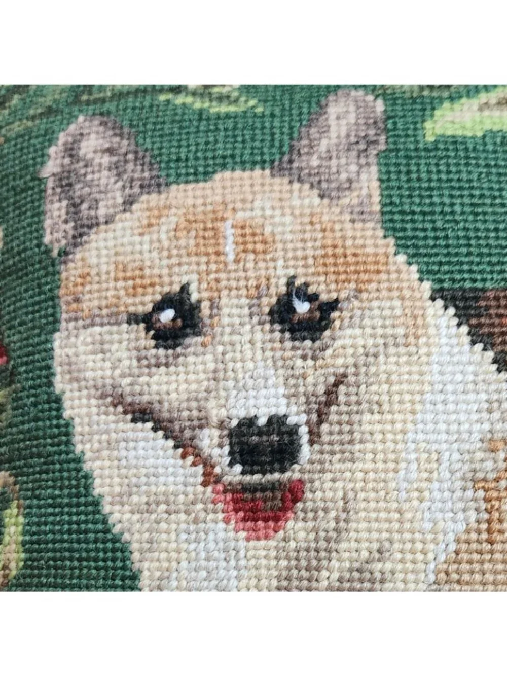 Handmade Needlepoint Corgi Dog Pillow Velvet Back Zipper 15x11 Floral Cottagecor